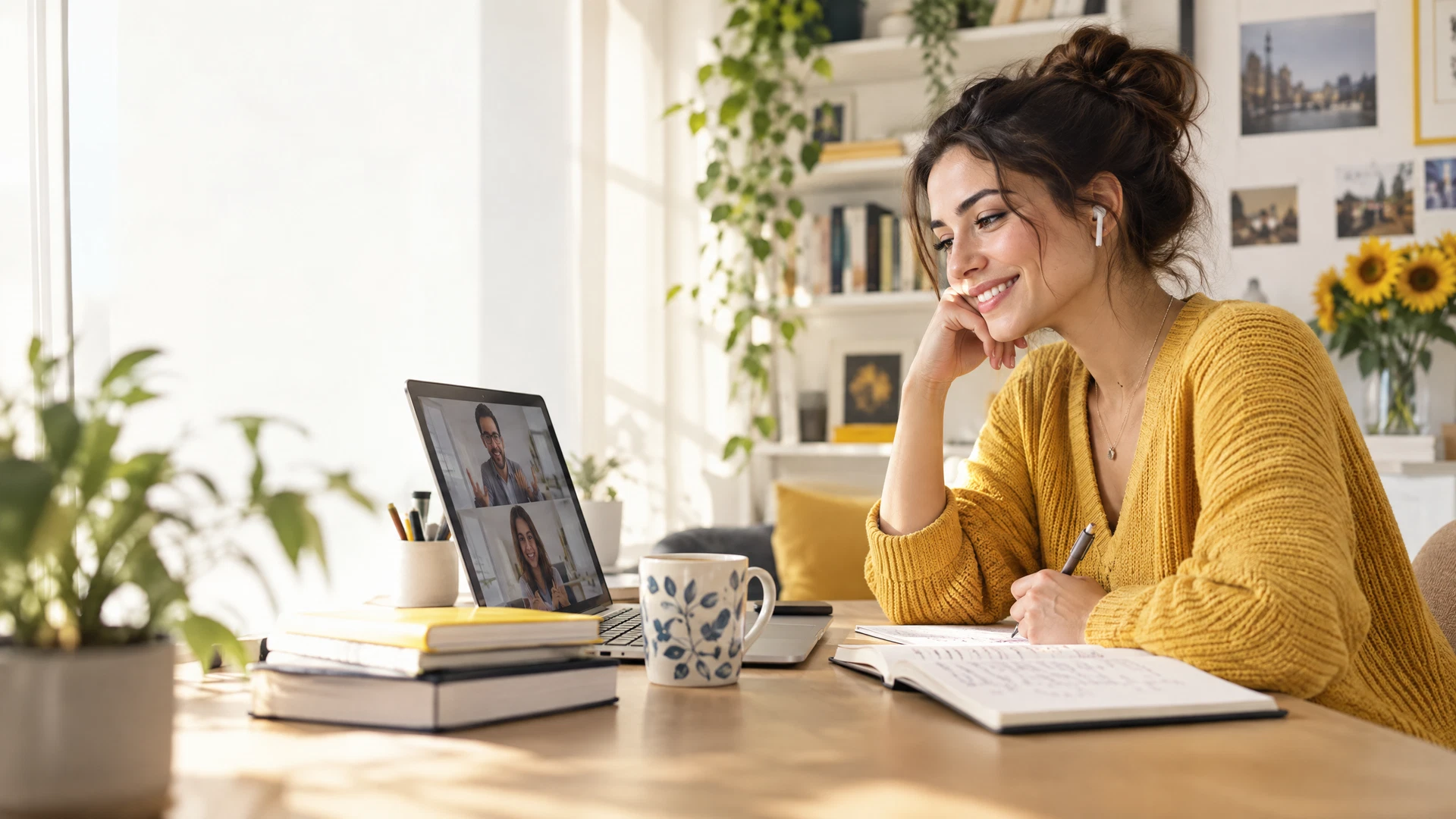 A learner joining an online English lesson from a bright home study space
