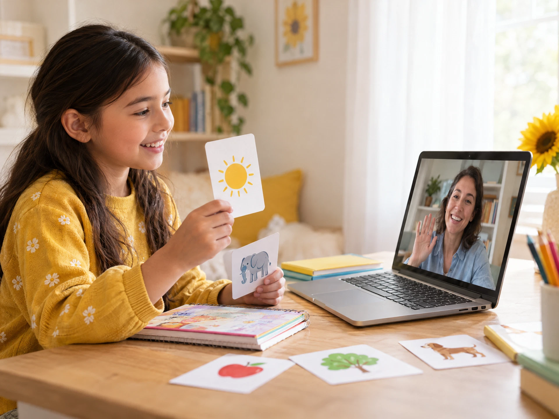 A young learner practicing English at home